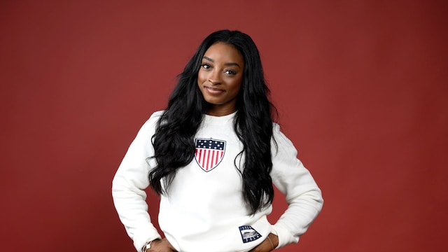 Olympian Simone Biles of Team United States poses on the Today Show Set on August 06, 2024 in Paris, France. (Photo by Kristy Sparow/Getty Images)