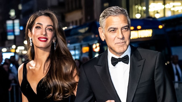 NEW YORK, NEW YORK - SEPTEMBER 26: Amal Clooney and George Clooney are seen arriving to the Clooney Foundation for Justice's The Albies at New York Public Library on September 26, 2024 in New York City. (Photo by Gilbert Carrasquillo/GC Images) 