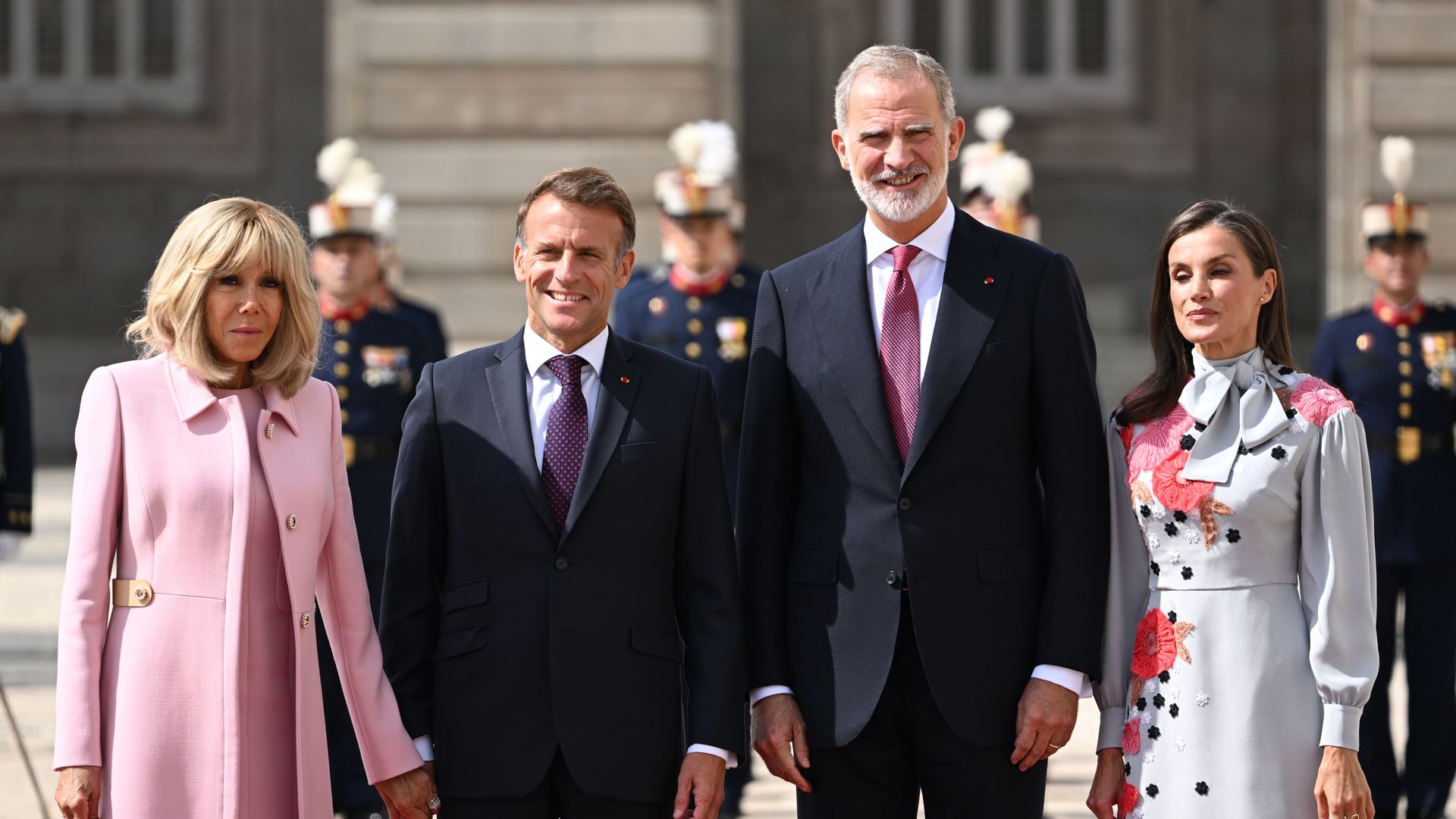 First Lady Brigitte Macron and French President Emmanuel Macron alongside King Felipe VI & Queen Letizia of Spain at an Official Reception at the Royal Palace of Madrid