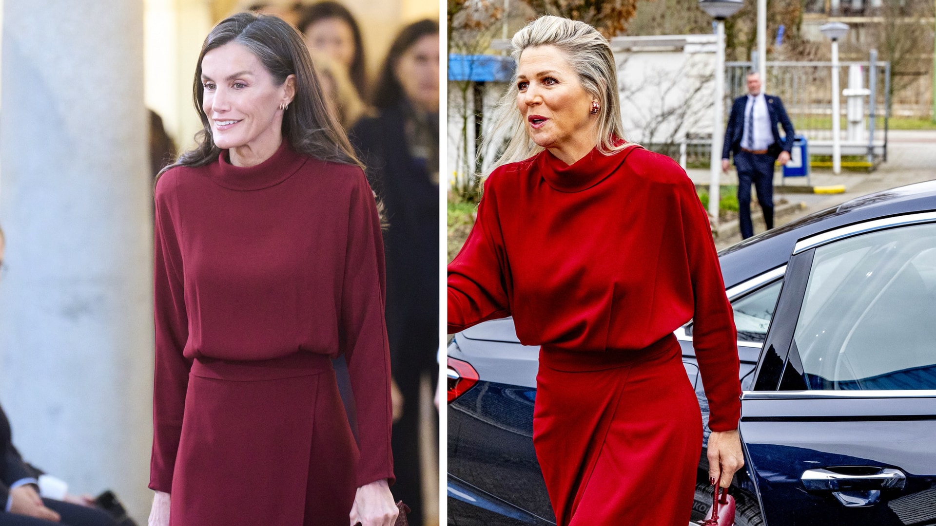 Queen Letizia and Queen Máxima twin in the same elegant cherry-red dress