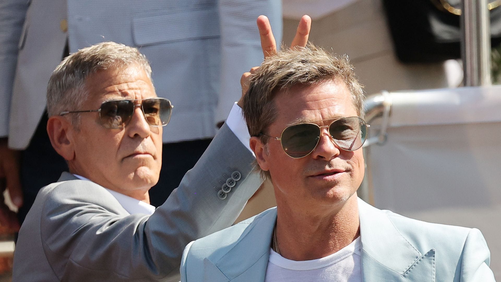 VENICE, ITALY - SEPTEMBER 01: George Clooney and Brad Pitt are seen at the 81st Venice International Film Festival on September 01, 2024 in Venice, Italy. (Photo by Ernesto Ruscio/Getty Images) 