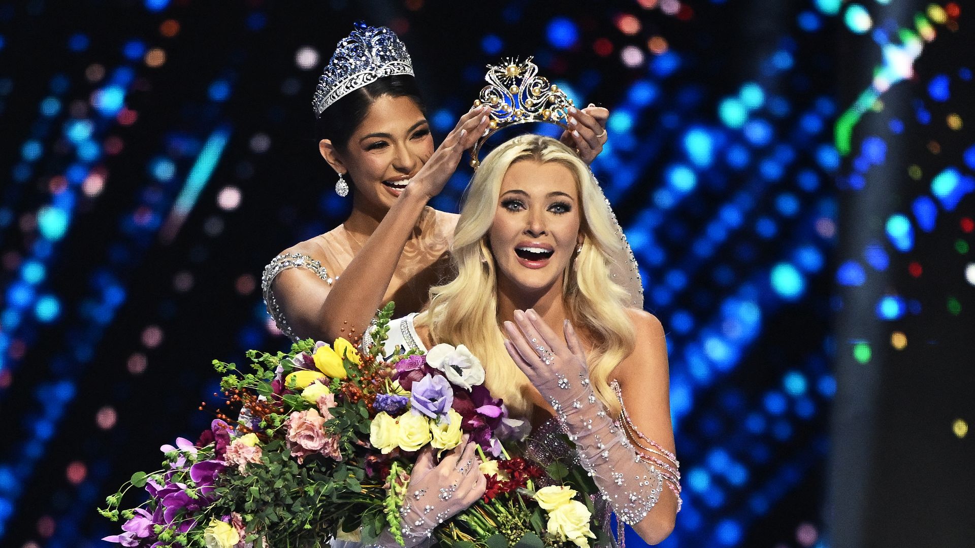 The newly crowned Miss Universe 2024, Victoria Kjaer Theilvig from Denmark, reacts after winning the 73rd edition of the Miss Universe pageant in Mexico City on November 16, 2024. (Photo by CARL DE SOUZA / AFP) (Photo by CARL DE SOUZA/AFP via Getty Images)
