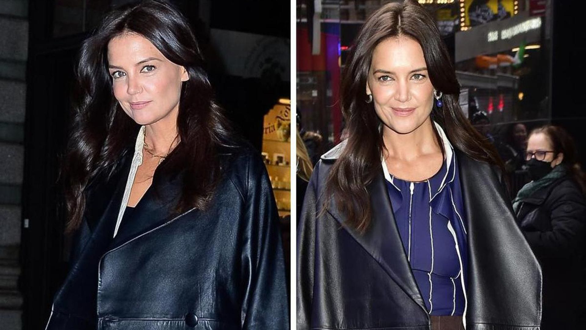 Katie Holmes smiles for the paparazzi as she prepares to take the stage