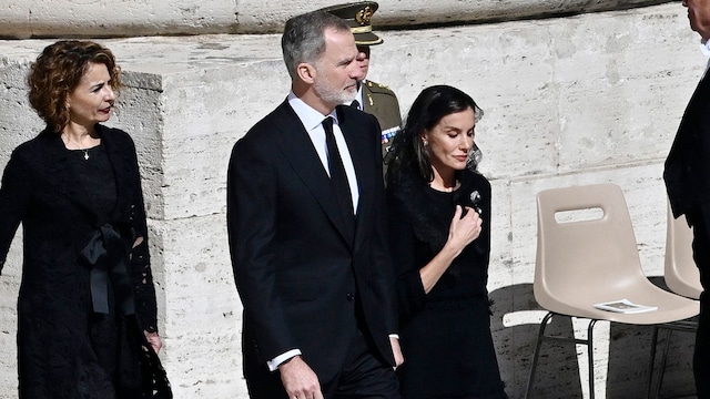 King Felipe VI of Spain and Queen Letizia of Spain arrive at the funeral of Pope Francis in St. Peter's Square on April 26, 2025 in Vatican City, 