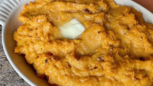 A plate of Chipotle Smashed Sweet Potatoes