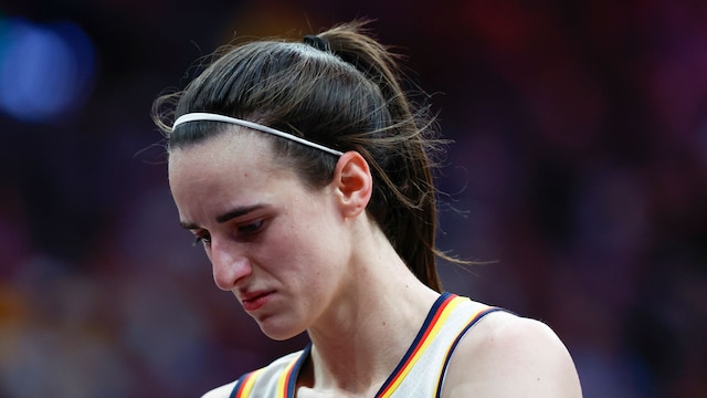 Indiana Fever guard Caitlin Clark reacts to a possible injury in the fourth quarter at TD Garden on July 15, 2025. 