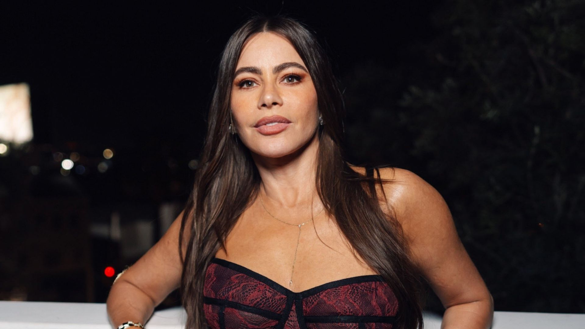 Sofia Vergara elevates winter dressing in strapless corset look and gold jewelry