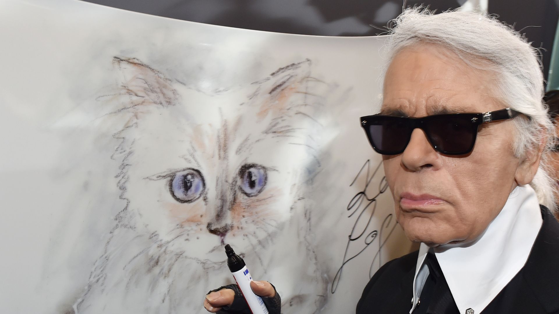 Karl Lagerfeld signing his Choupette design