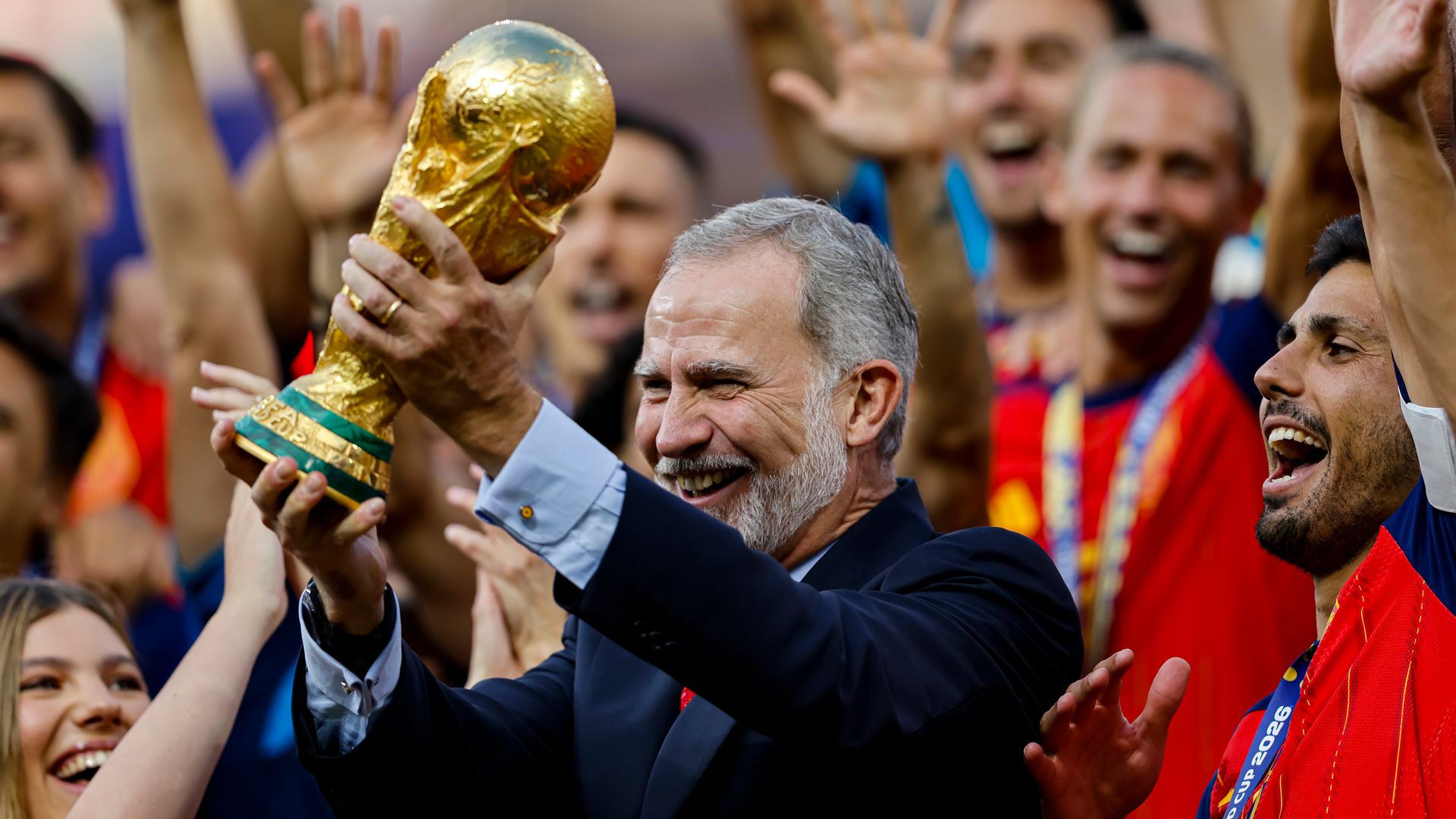 Felipe VI, King of Spain joins the team's celebration following the FIFA World Cup 2026 Final match between Spain and Argentina