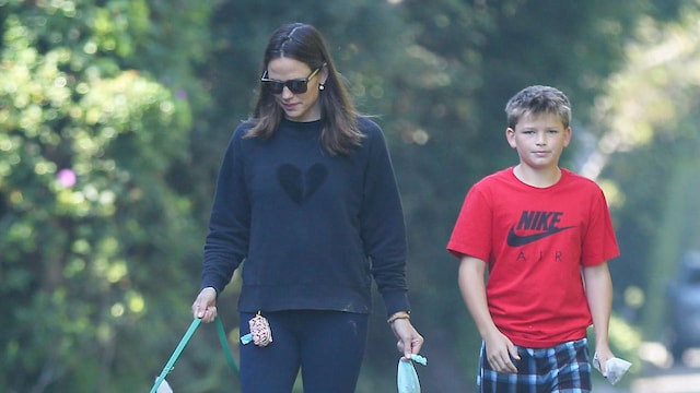 Jennifer Garner enjoys a relaxing walk in Brentwood with her son Samuel and their family dog.