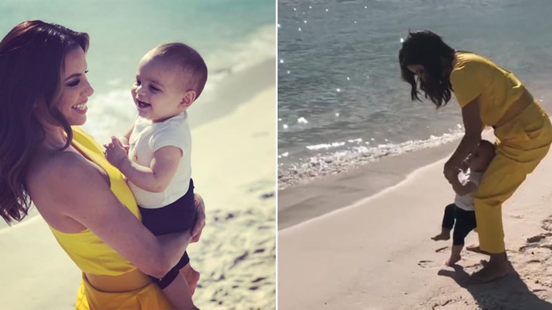 Eva Longoria takes baby Santi to the Cannes beach – but look how much he hates the sand!