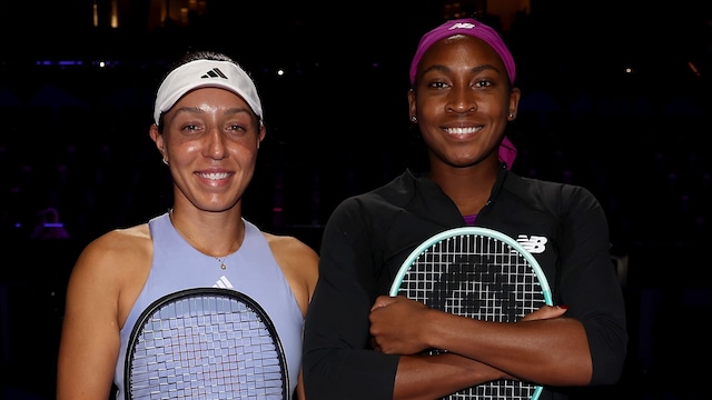 essica Pegula of the United States and Coco Gauff of the United States pose prior to their round robin singles match during Day 2 of the 2024 WTA Finals Riyadh as part of the Hologic WTA Tour at King Saud University Indoor Arena on November 03, 2024 in Riyadh, Saudi Arabia.  