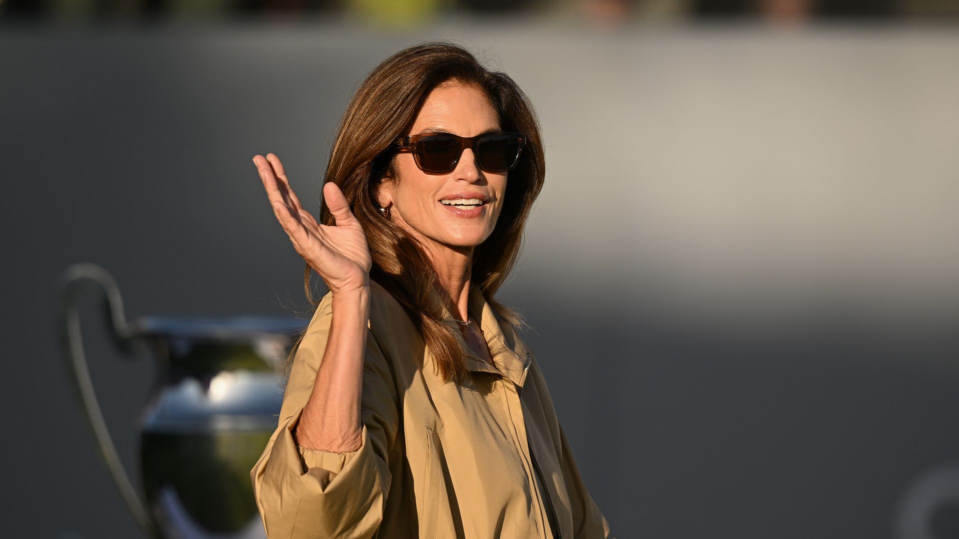 Cindy Crawford, Model and TV personality acknowledges the crowd during the presentation ceremony on day four of the Omega European Masters at Crans-sur-Sierre Golf Club on September 06, 2026 in Crans-Montana, Switzerland. (Photo by Stuart Franklin/Getty Images)