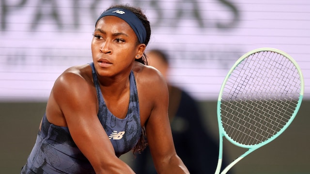  Coco Gauff of United States is seen in action against Lois Boisson of France in their semi-final match during day twelve at Roland Garros on June 05, 2025 