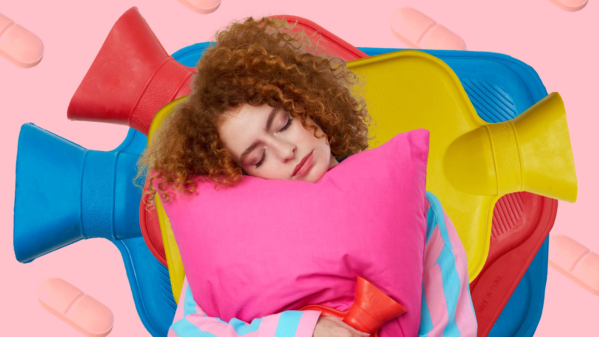 Woman in pyjamas embracing pillow and hot water bottle to soothe period pain against colourful background