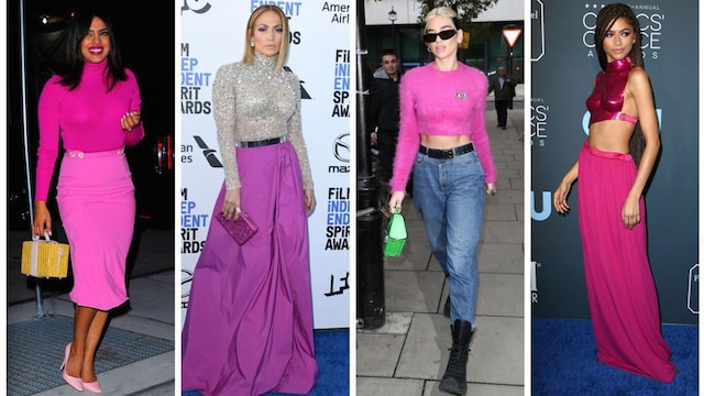Collage of Priyanka Chopra, Elizabeth Hurley, and Zendaya in fuchsia outfits