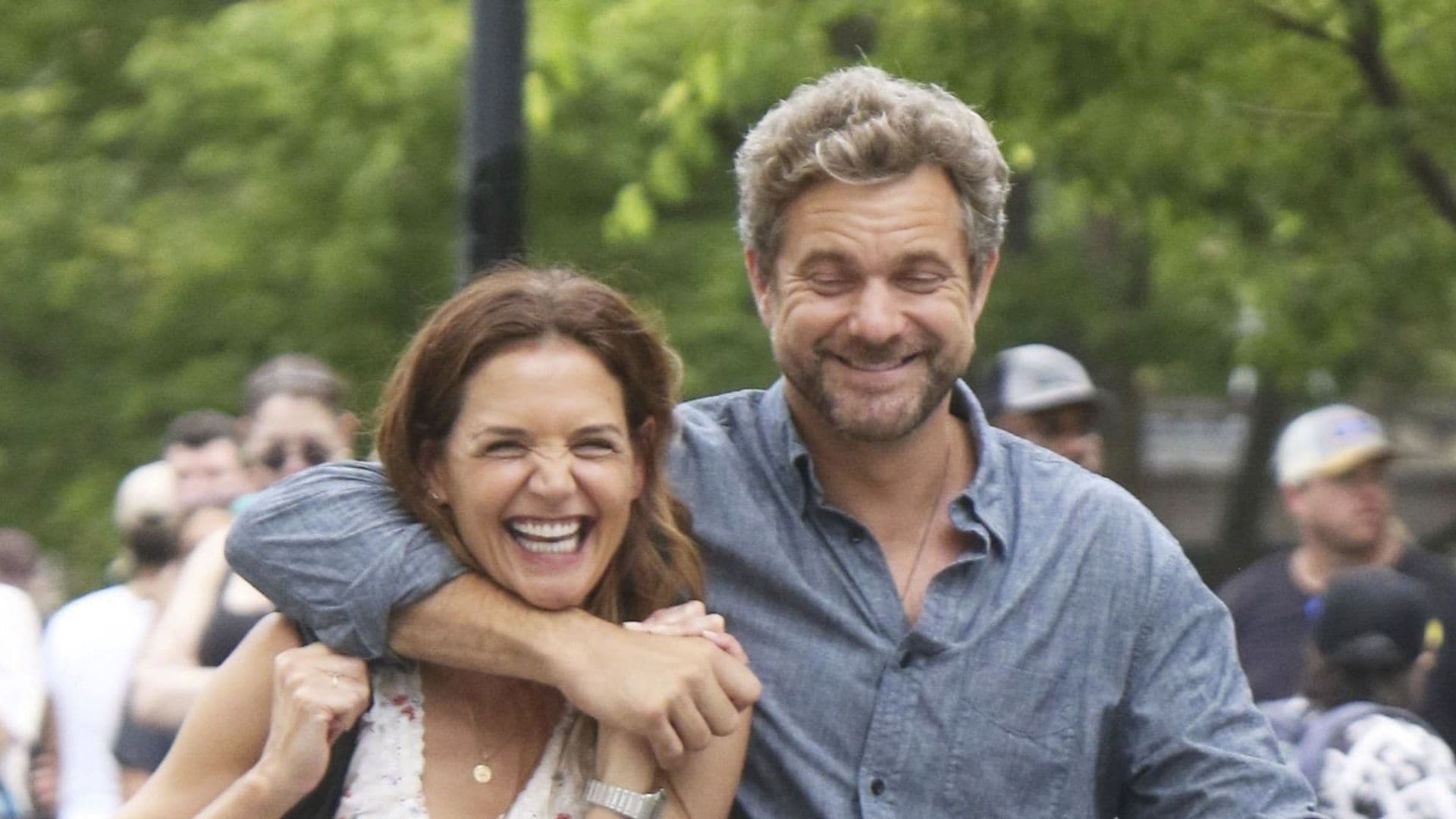 Katie Holmes and Joshua Jackson reunite on set with snuggles and a baby stroller