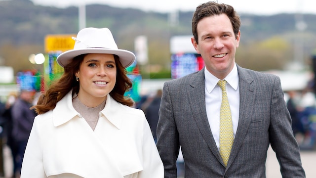 CHELTENHAM, UNITED KINGDOM - MARCH 13: (EMBARGOED FOR PUBLICATION IN UK NEWSPAPERS UNTIL 24 HOURS AFTER CREATE DATE AND TIME) Princess Eugenie and Jack Brooksbank attend day 2 'Style Wednesday' of the Cheltenham Festival at Cheltenham Racecourse on March 13, 2024 in Cheltenham, England. This year organisers at the Cheltenham Festival have decided to re-style the traditional Ladies Day Meet calling it Style Wednesday. (Photo by Max Mumby/Indigo/Getty Images)