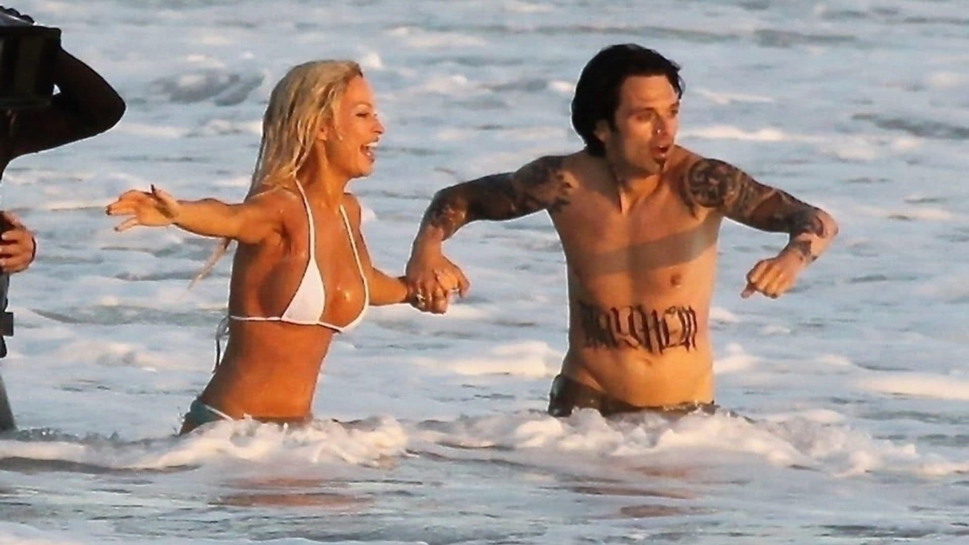 Lily James and Sebastian Stan film Pamela Anderson and Tommy Lee’s famous beach wedding