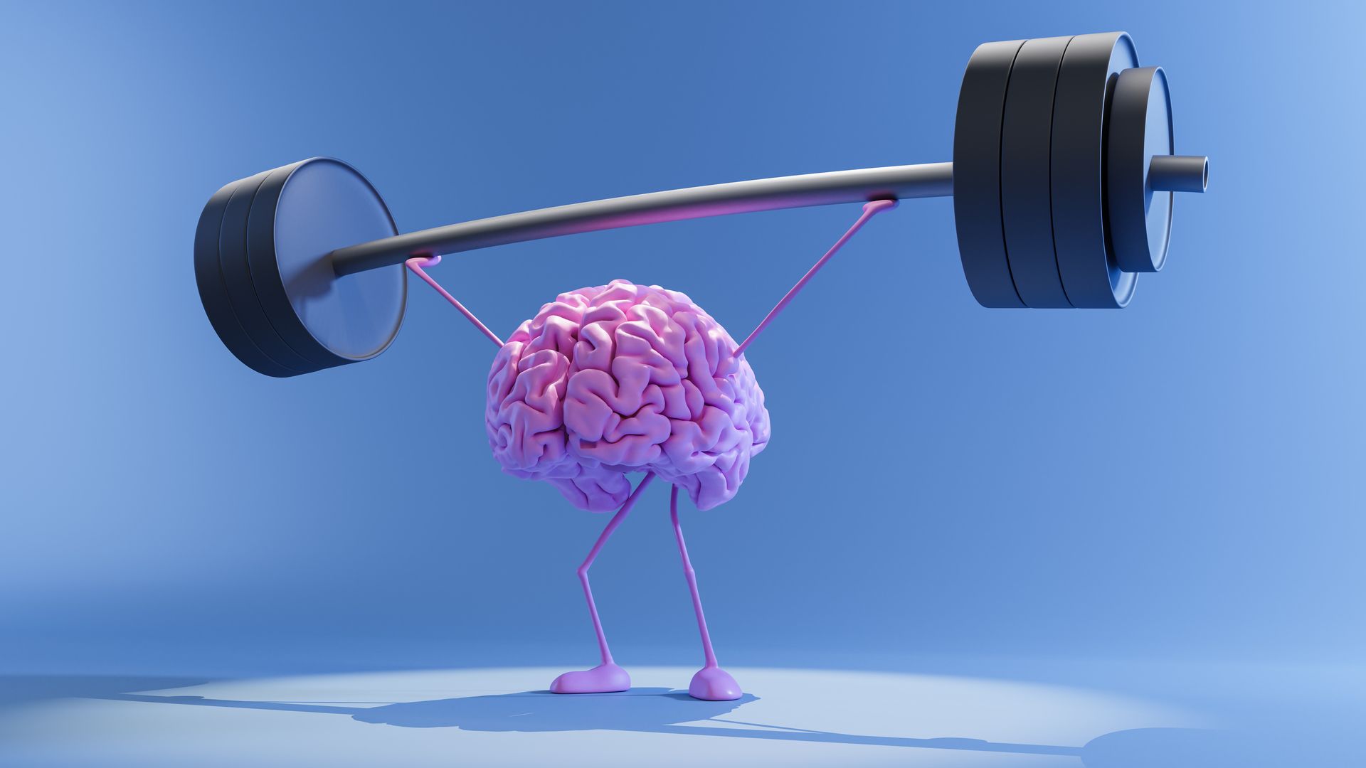 3D illustration of pink color human brain lifting heavy barbell. Training mind and mental health concept. Train your brain. 