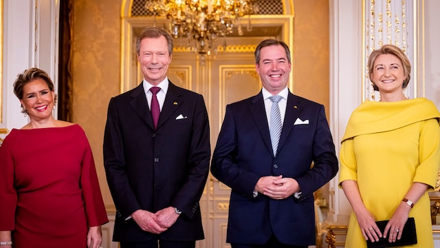 LUXEMBOURG, LUXEMBOURG - OCTOBER 8: Grand Duchess Maria Teresa of Luxembourg, Grand Duke Henri of Luxemburg, Hereditary Grand Duke Guillaume of Luxembourg and Hereditary Grand Duchess Stephanie of Luxembourg during the inauguration ceremony of Hereditary Grand Duke Guillaume as  Lieutenant Representative of Luxembourg on October 8, 2024 in Luxembourg, Luxembourg. (Photo by Patrick van Katwijk/WireImage)
