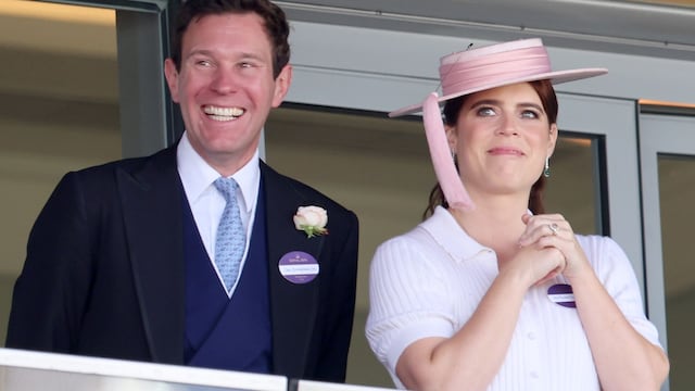 ASCOT, ENGLAND - JUNE 19: Jack Brooksbank and Princess Eugenie of York smile as they attend day two of Royal Ascot 2024 at Ascot Racecourse on June 19, 2024 in Ascot, England. (Photo by Chris Jackson/Getty Images)