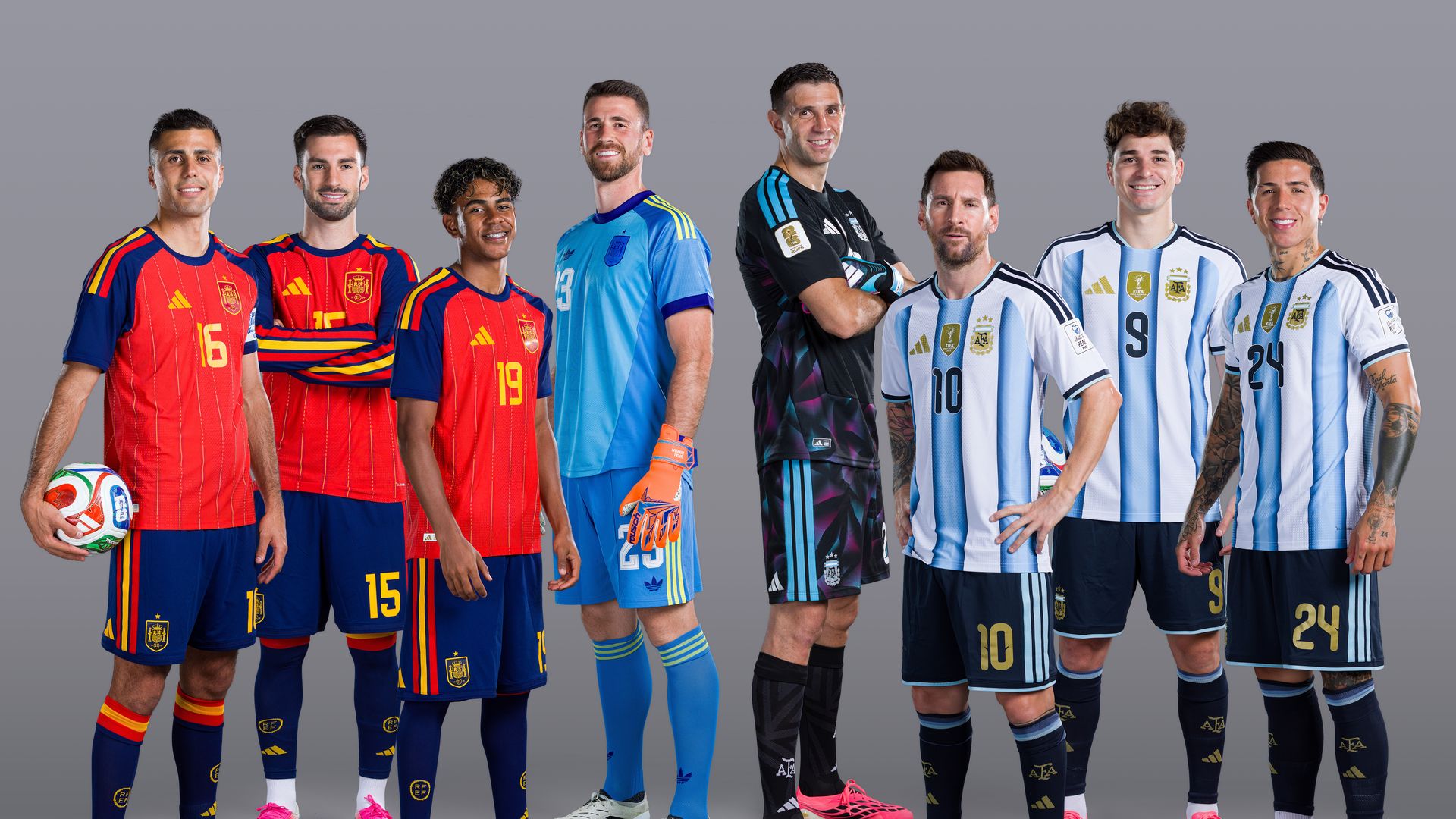 (L-R) Rodri, Alex Baena, Lamine Yamal and Unai Simon of Spain and Emiliano Martinez, Lionel Messi, Julian Alvarez and Enzo Fernandez of Argentina ahead of the FIFA World Cup 2026 Final match between Spain and Argentina