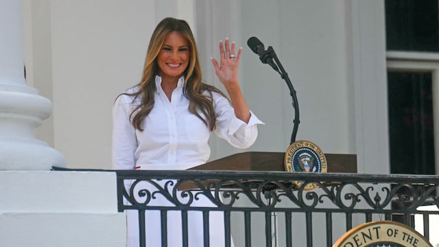US First Lady Melania Trump waves as she arrives to participate in the Military Family Picnic on the South Lawn of the White House in Washington, DC, on July 4, 2025.       
