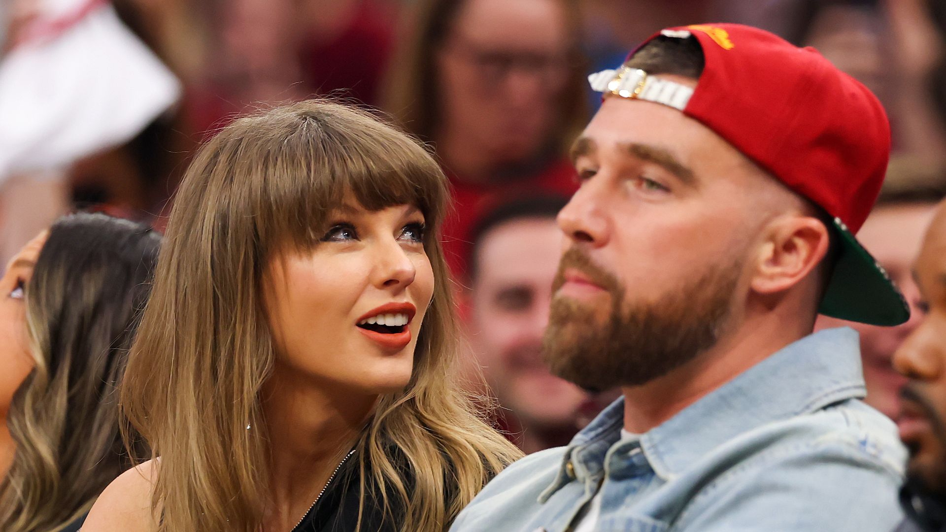 CLEVELAND, OHIO - MAY 23: (L-R) Singer Taylor Swift and Travis Kelce of the Kansas City Chiefs attend Game Three between the New York Knicks and the Cleveland Cavaliers in the NBA Eastern Conference Finals at Rocket Arena on May 23, 2026 in Cleveland, Ohio. NOTE TO USER: User expressly acknowledges and agrees that, by downloading and or using this photograph, User is consenting to the terms and conditions of the Getty Images License Agreement. (Photo by Gregory Shamus/Getty Images) 
