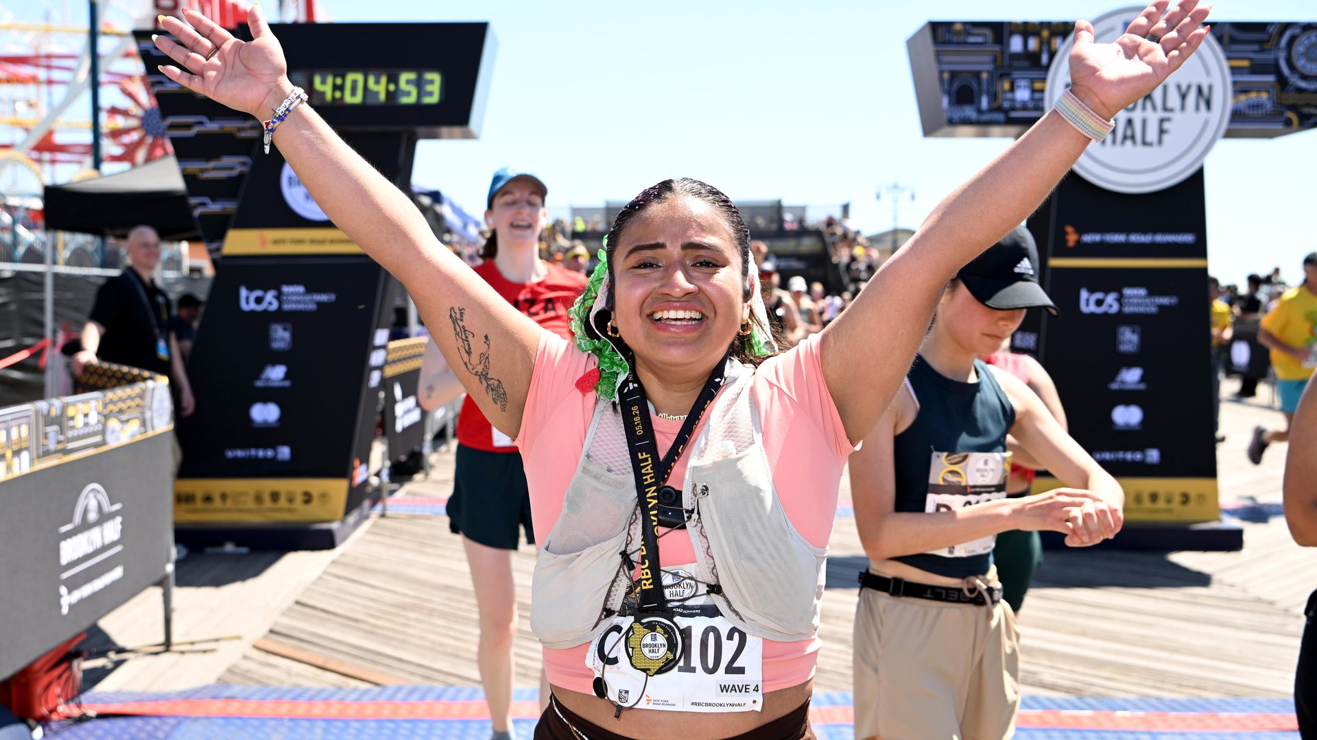 Jessica Aguilar is seen during the 2026 NYRR Brooklyn Half Marathon on May 16, 2026 in Brooklyn, New York.