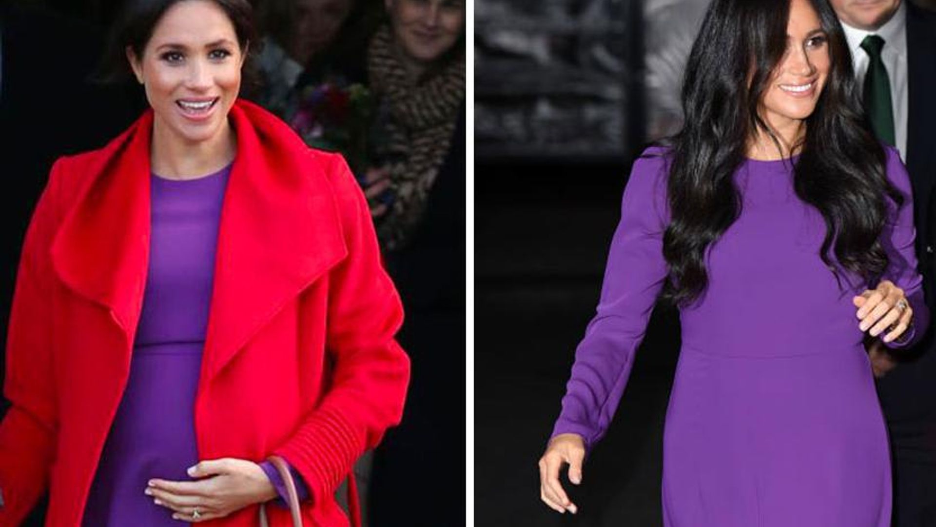 meghan moonbump purple dress Meghan Markle recycles 29 purple dress she wore when pregnant with Archie as she attends the One Young World summit |