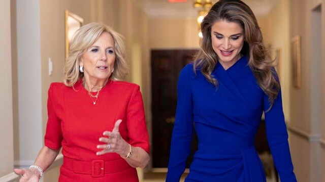 First Lady Dr. Jill Biden meets with Queen Rania at the White House