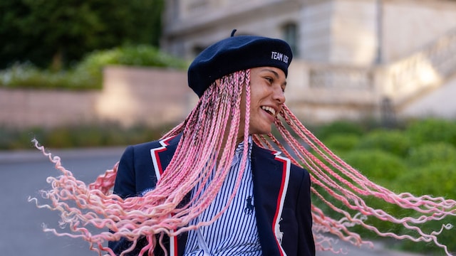 Trinity Rodman of the United States poses in her Olympic opening ceremony outfit 