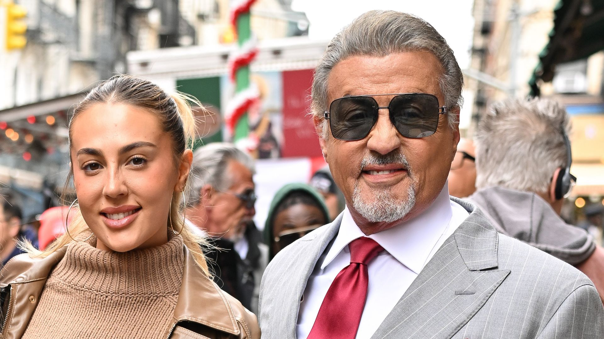 NEW YORK, NEW YORK - APRIL 16: Sistine Stallone, Sophia Rose Stallone and Sylvester Stallone are seen on the set of 'Tusla King' in Little Italy on April 16, 2025 in New York City. (Photo by James Devaney/GC Images) 