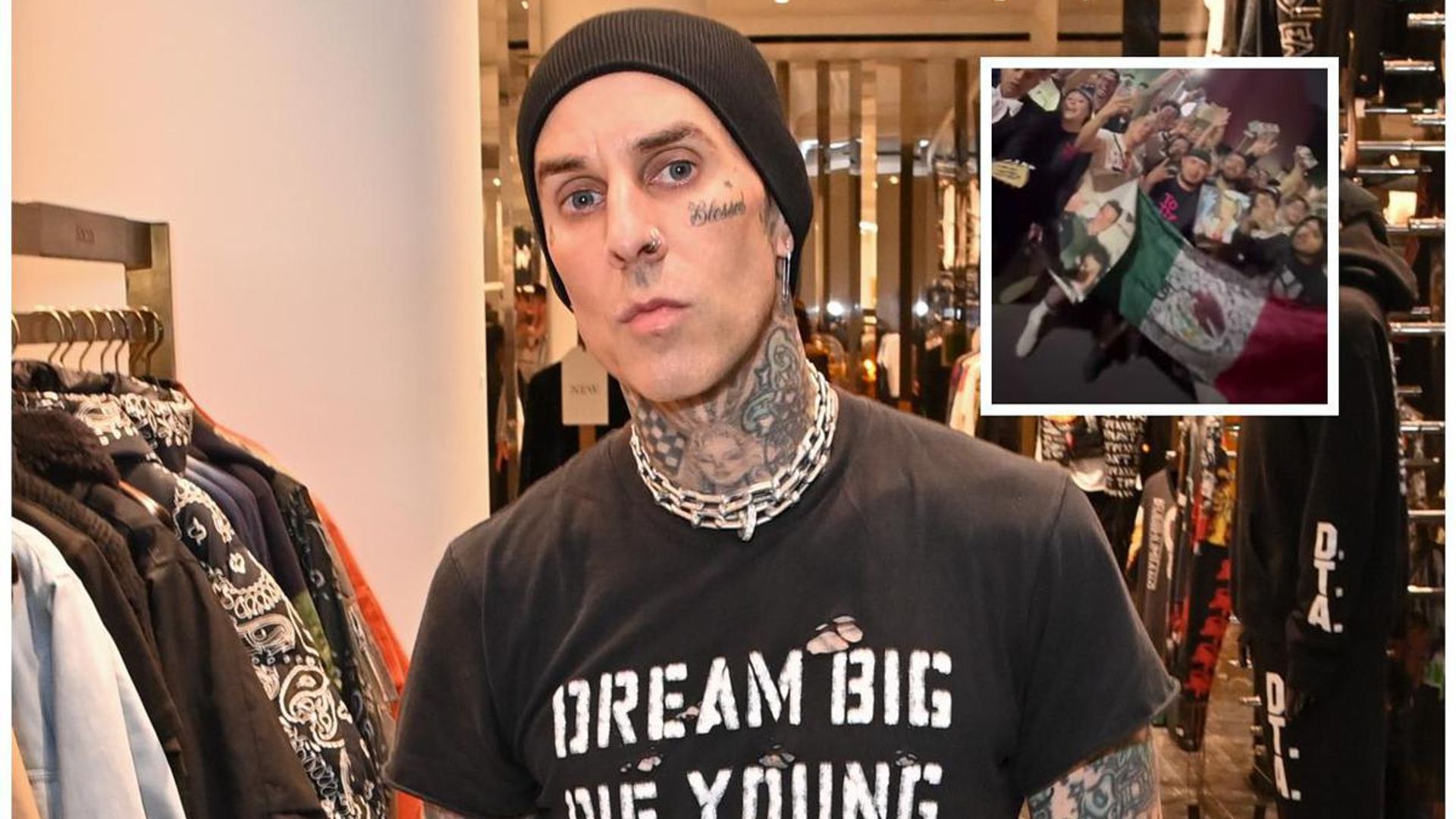 Travis Barker is greeted in Mexico with Mariachis