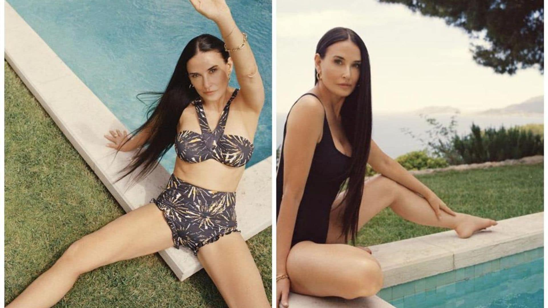 Demi Moore unveils swimsuit collection posing poolside in her own designs