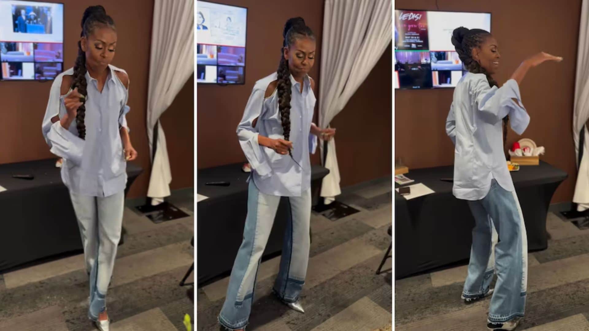 Michelle Obama brings the moves and teaches Tina Knowles the "Boots on the Ground" line dance