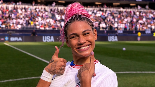  Trinity Rodman #2 of the United States celebrates after a game between Brazil and USWNT at SoFi Stadium on April 5, 2025, in Inglewood, California.
