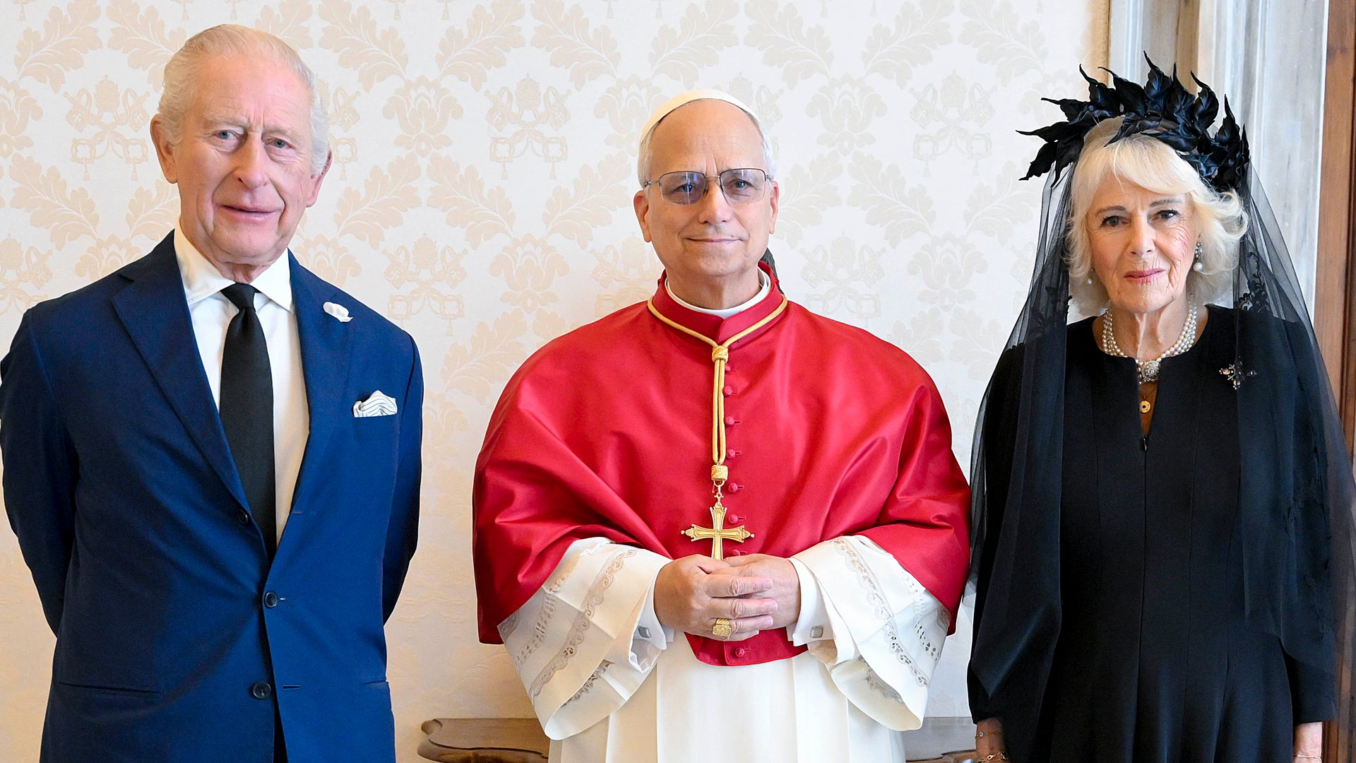 Pope Leo XVI alongside King Charles III and Queen Camilla during an audience at the Apostolic Palace