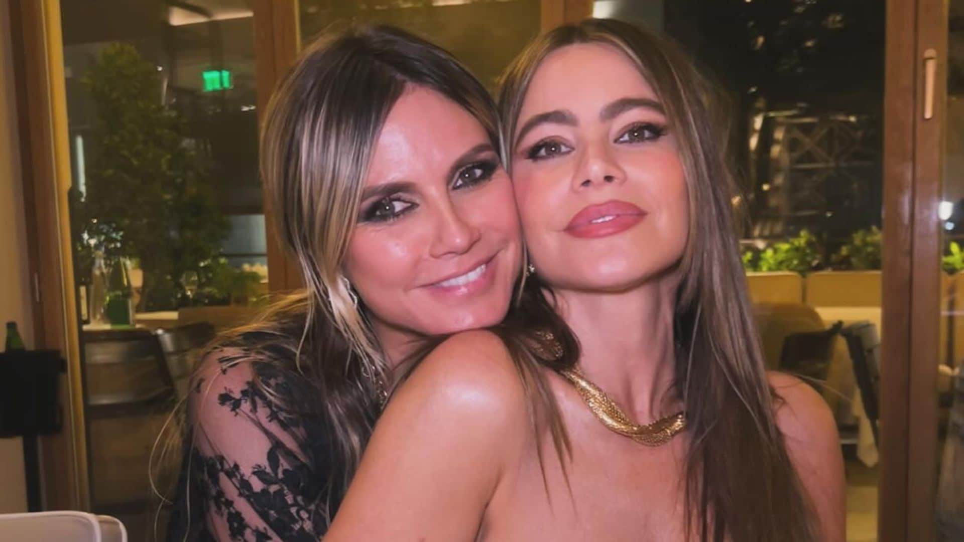 Sofia Vergara in leather bustier and Heidi Klum in sheer cutout ensemble at Paris Hilton LA premiere
