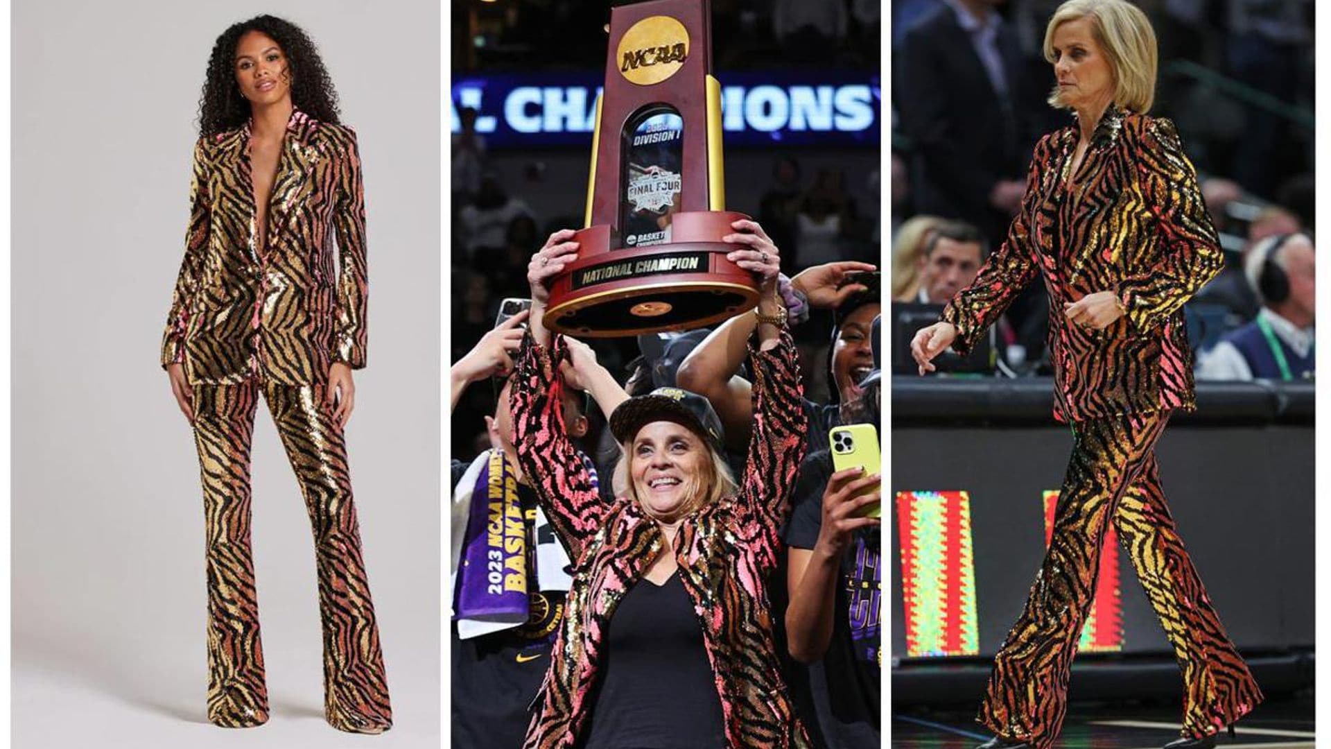 LSU Coach Kim Mulkey wins NCAA Championship in dazzling tiger print suit
