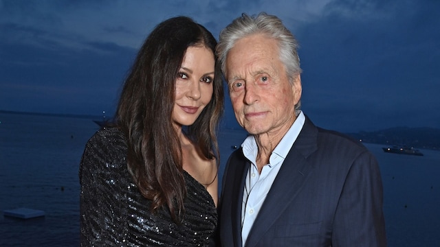 Catherine Zeta-Jones and Michael Douglas attend the launch of the new Aston Martin DB12 at the Hotel du Cap-Eden-Roc in Antibes on May 24, 2023 in Cannes, France