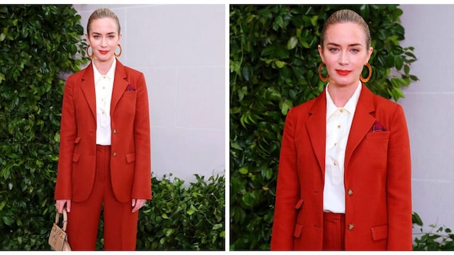 Emily Blunt power suits burn orange fall winter