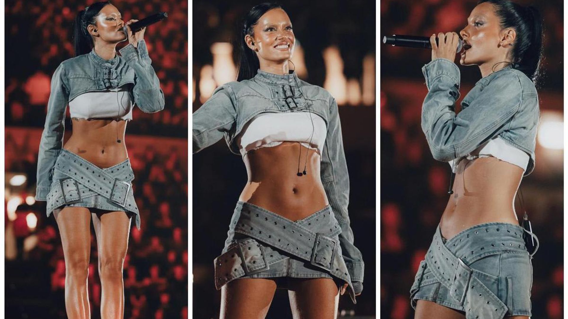 Oriana Sabatini rocks double denim and a midriff-baring crop top, exposing her flawless abs