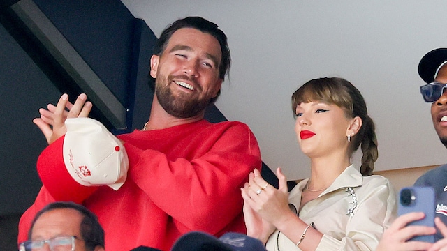 Travis Kelce, left, Taylor Swift and Aric Jones react as the Edmonton Oilers and the Florida Panthers play during the first period in Game Four of the 2025 Stanley Cup Final at Amerant Bank Arena on June 12, 2025 in Sunrise, Florida. (Photo by Bruce Bennett/Getty Images)