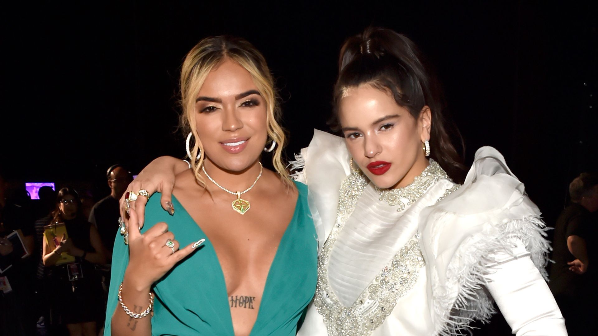 Karol G (L) and Rosalia attend the 19th annual Latin GRAMMY Awards at MGM Grand Garden Arena on November 15, 2018 in Las Vegas, Nevada. (Photo by David Becker/Getty Images for LARAS)