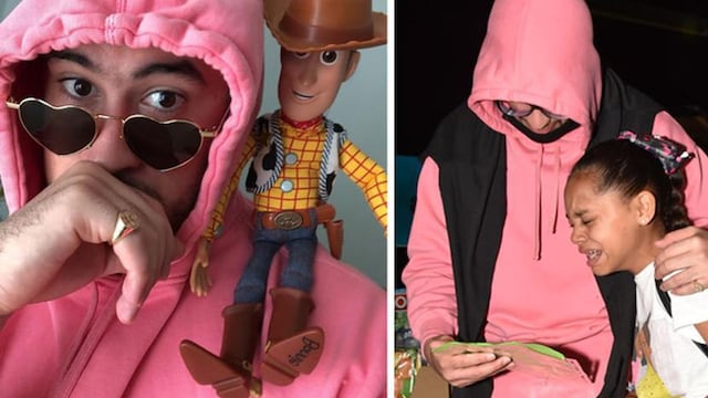 collage bad bunny with emotional girl in his arms