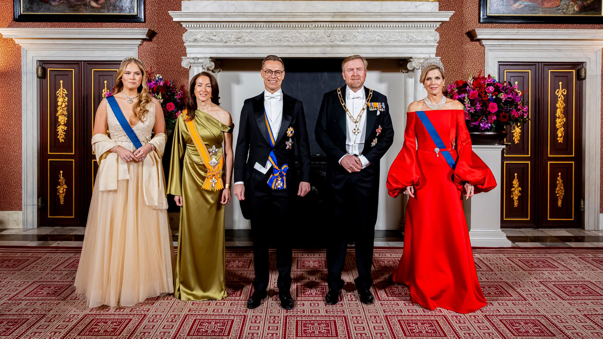 AMSTERDAM, NETHERLANDS - DECEMBER 11: (L-R) Princess Amalia of The Netherlands, Suzanne Innes-Stubb of Finland, President Alexander Stubb of Finland, King Willem-Alexander of The Netherlands and Queen Maxima of The Netherlands pose for a photo ahead of a state banquet at the end of the first day of the Finish State Visit to The Netherlands at the Royal Palace on December 11, 2025 in Amsterdam, Netherlands. The Finish president brings a two day state visit to The Netherlands. (Photo by Patrick van Katwijk/WireImage)