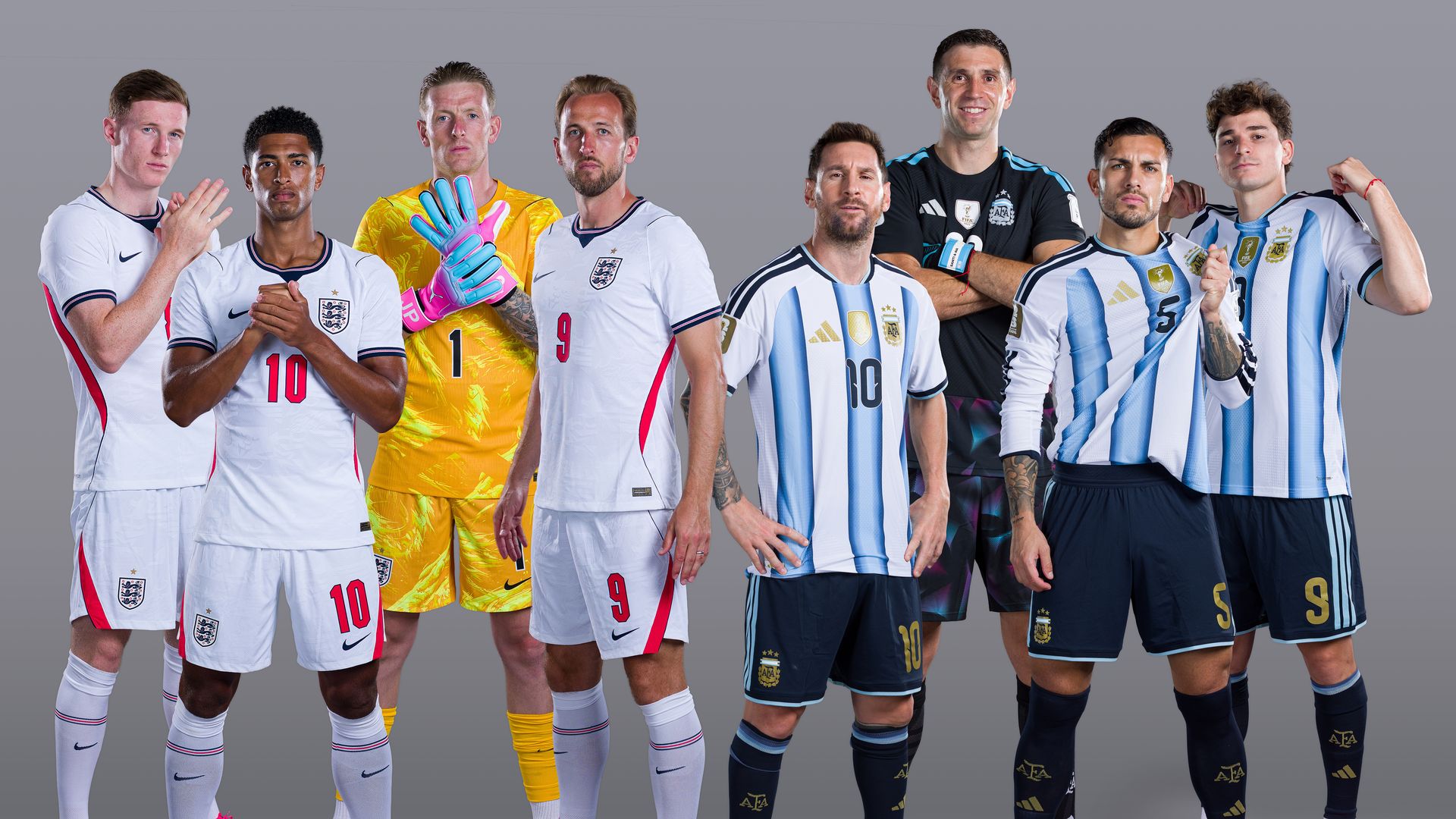 (L-R) Elliot Anderson, Jude Bellingham, Jordan Pickford, Harry Kane of England, and Lionel Messi, Emiliano Martinez, Leandro Paredes, and Julian Alvarez of Argentina ahead of the FIFA World Cup 2026 Semi Final match between England and Argentina