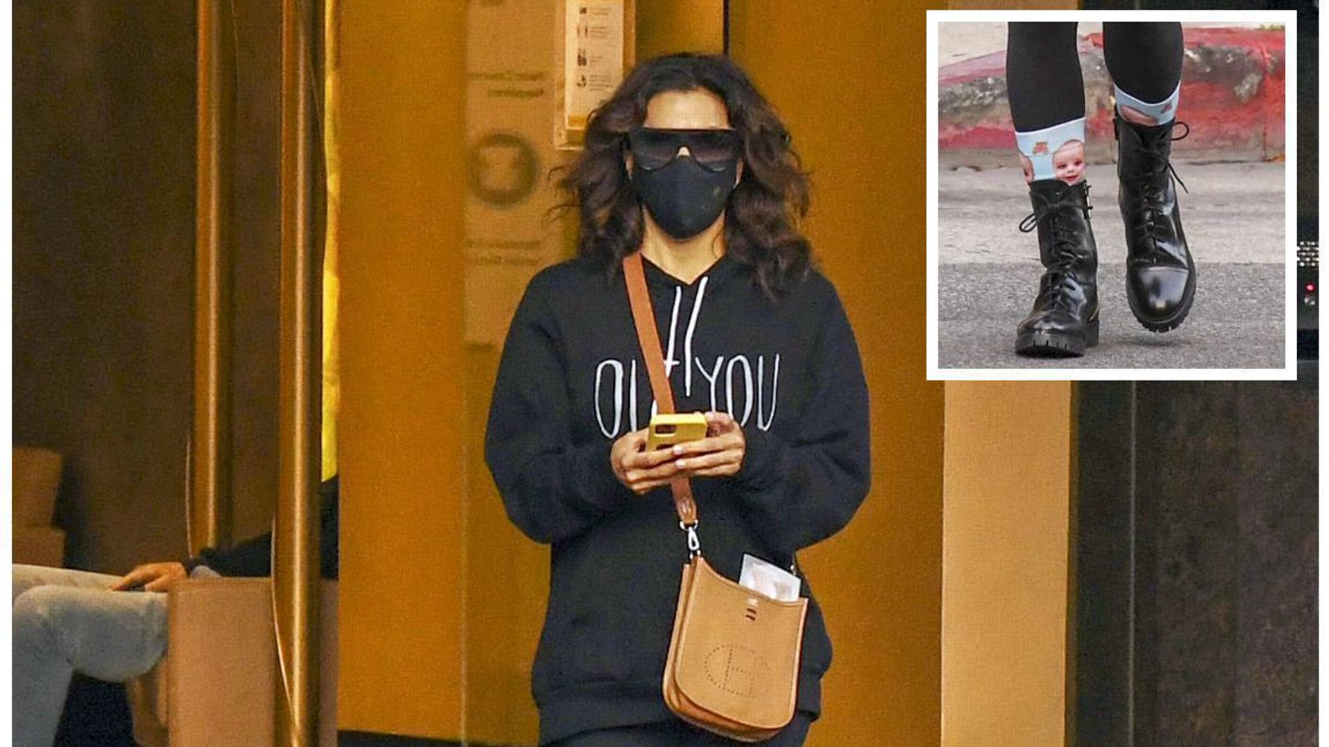 Eva Longoria rocks cute socks with her sons face on them
